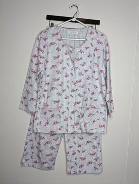 Vintage Maidenform M Flannel Pajama Set 2-Pc Long Sleeve Blue Floral